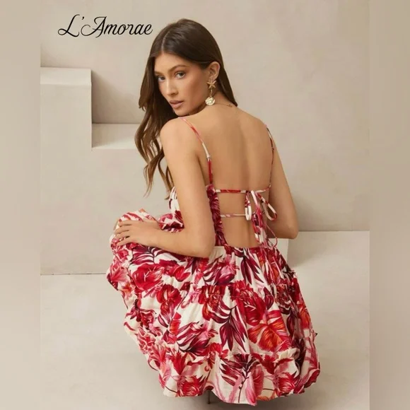 SHEIN Red Pink Cream Tropical Print Ruffle Mini Sundress Sz Medium New With Tags - Picture 6 of 11